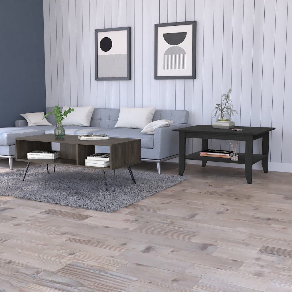 FM Furniture Bouse 2-Piece Living Room Set with Coffee Table and Coffee Table with Hairpin Legs, Black/ Espresso