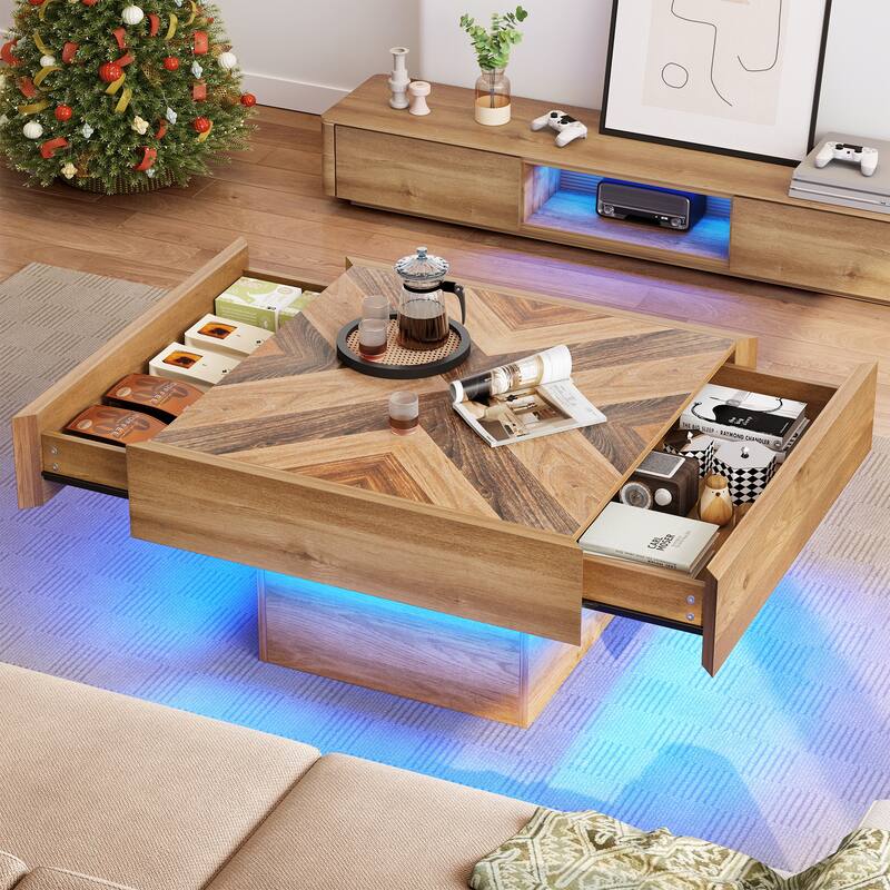 Moasis Farmhouse Square LED Coffee Table Engineered Wood Coffee Table for Living Room