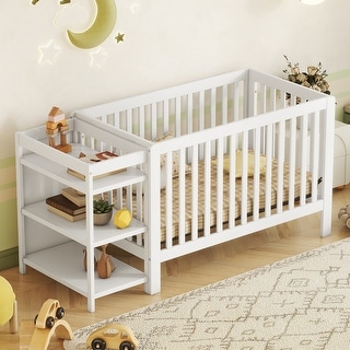 Convertible Crib/Full Solid Wood Bed with Changing Table, Adjustable Height, Nursery Bed