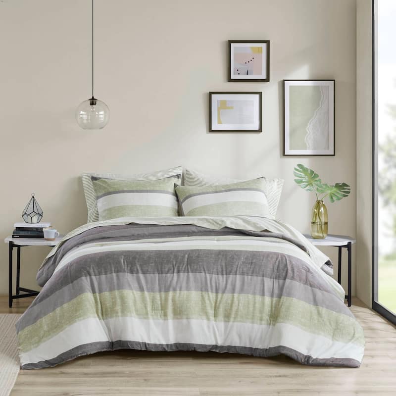 Madison Park Essentials Deacon Comforter Set with Bed Sheets - Green/Grey - King