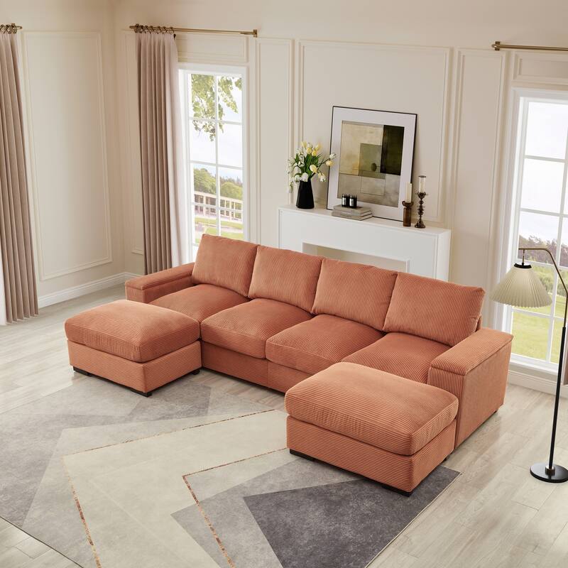 U-shaped corduroy sofa with removable footstool and storage armrests