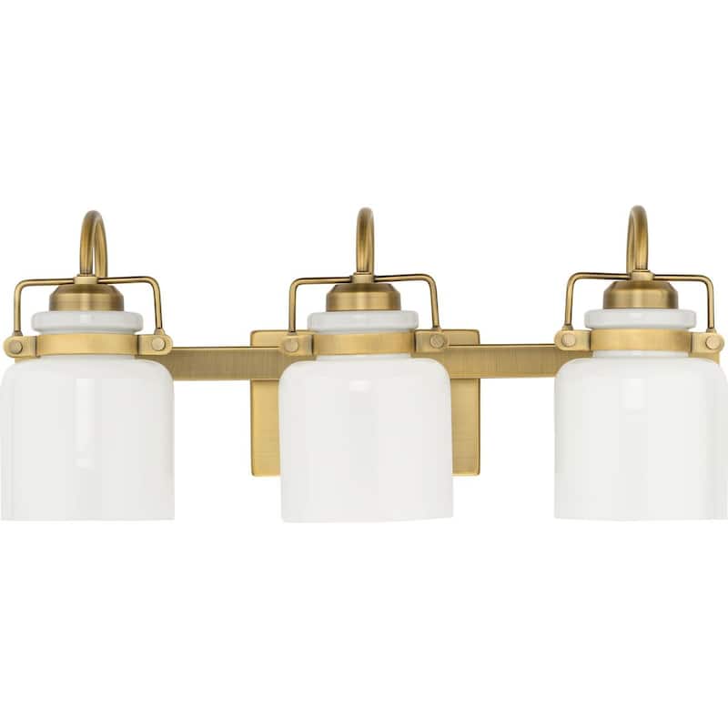 Fessler Collection Three-Light Vintage Brass Opal Glass Farmhouse Bath Light - 21.12 in x 7.12 in x 9.12 in