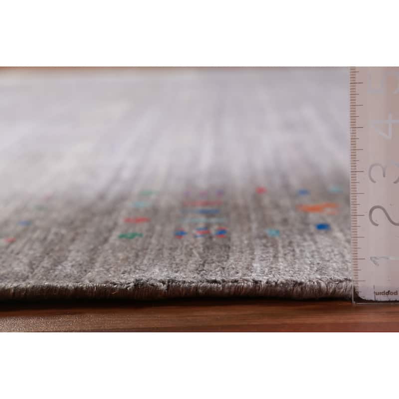 Hand Knotted Oriental Viscose Silk Carpet Tribal Stripe Greys & Charcoal Gabbeh Area Rug - 9' 9'' X 8' 0''