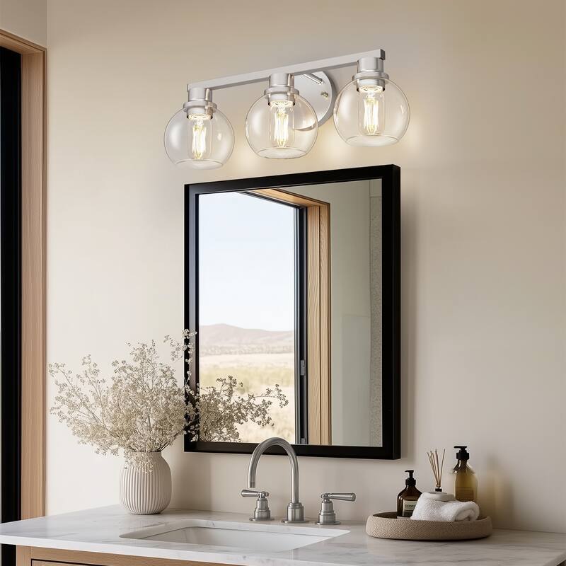 YANSUN 3-Light Mirror Vanity Light, Satin Nickel Base, E26 Sockets, Large Clear Globe Shades for Elegant Bathroom Décor