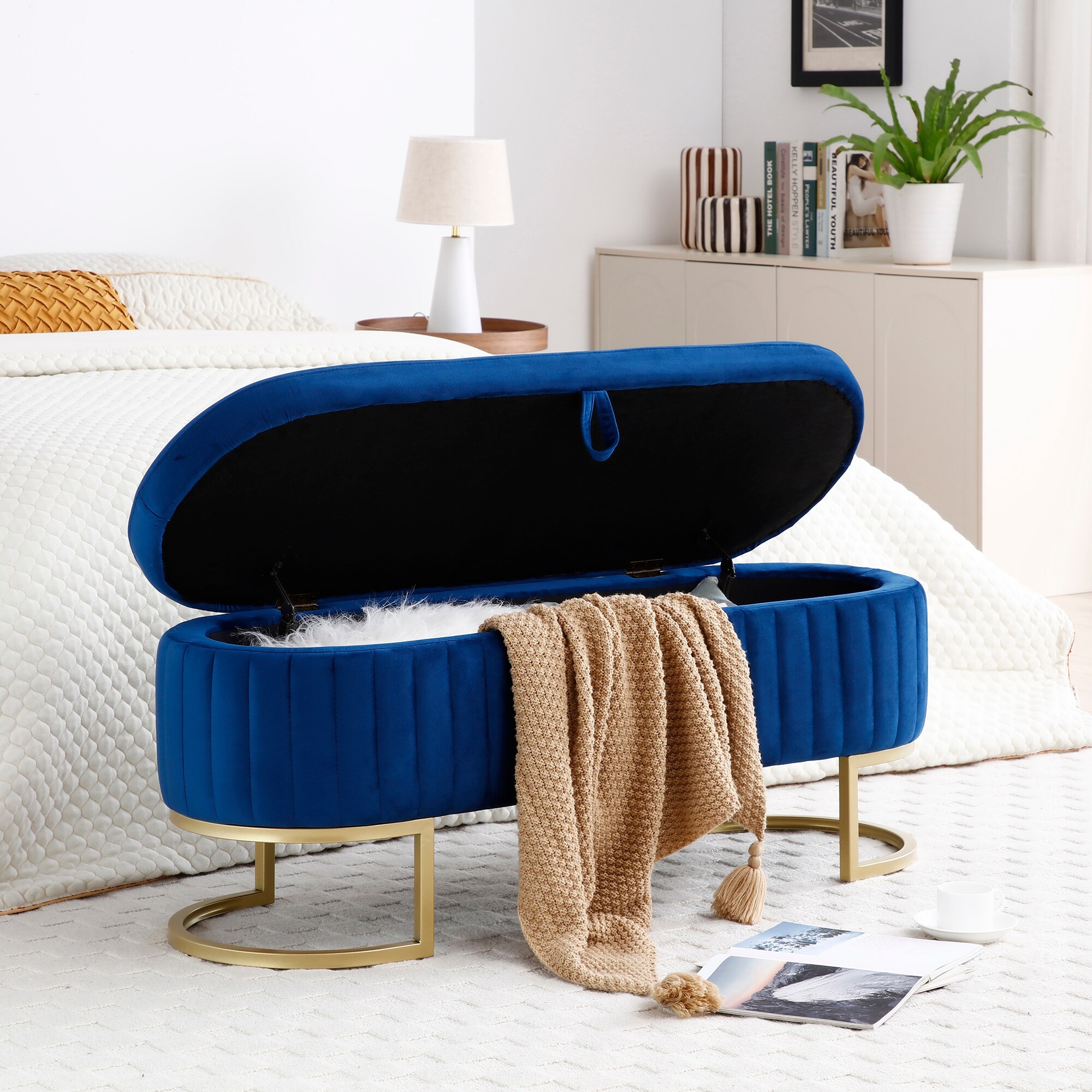 Blue Velvet Storage Bench Upholstered with Golden Legs 50 Inch Modern Ottoman Bed Bath Beyond 41149377