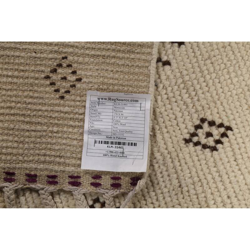 Ivory Geometric Moroccan Oriental Accent Rug Handmade Wool Carpet - 2'10"x 5'7"