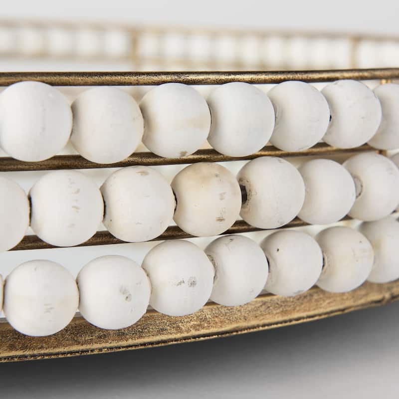Decatur I White Wooden Beads w/ Mirrored Base Round Tray
