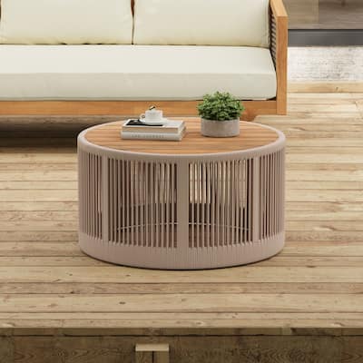 Outdoor Rattan rope and Acacia Wood Coffee Table(Rope Beige, Natural Iron)