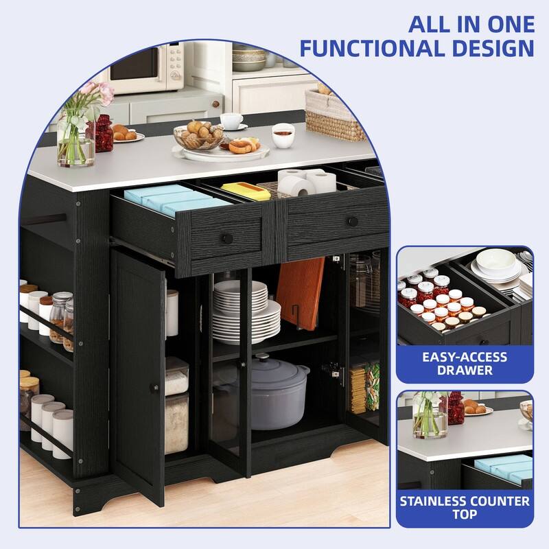 Moasis Kitchen Island with Stainless Steel Top & Power Outlet