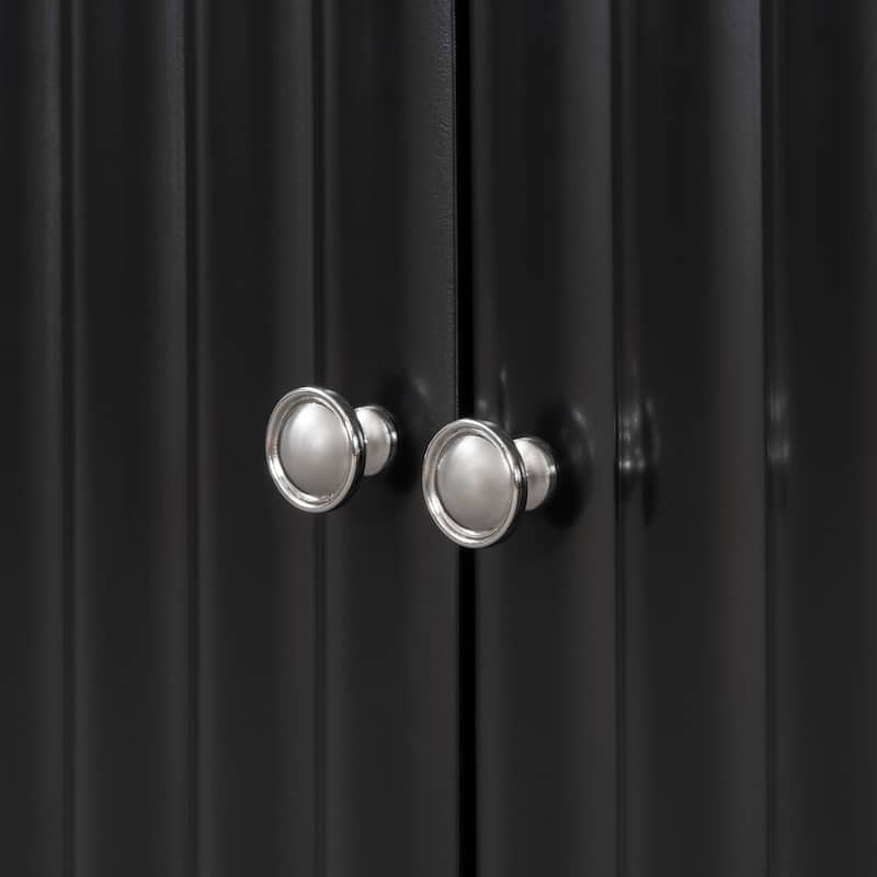 Rubber Wood 4 Door Sideboard with Wavy Pattern Doors and Cylindrical Legs, Storage Cabinet with Metal Door Handle