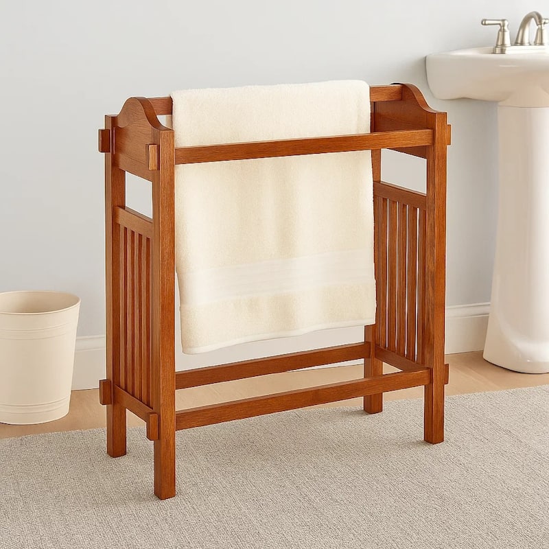 Wooden Mission Style Quilt Rack with 3 Hanging Bars on Scrolled Top, Brown