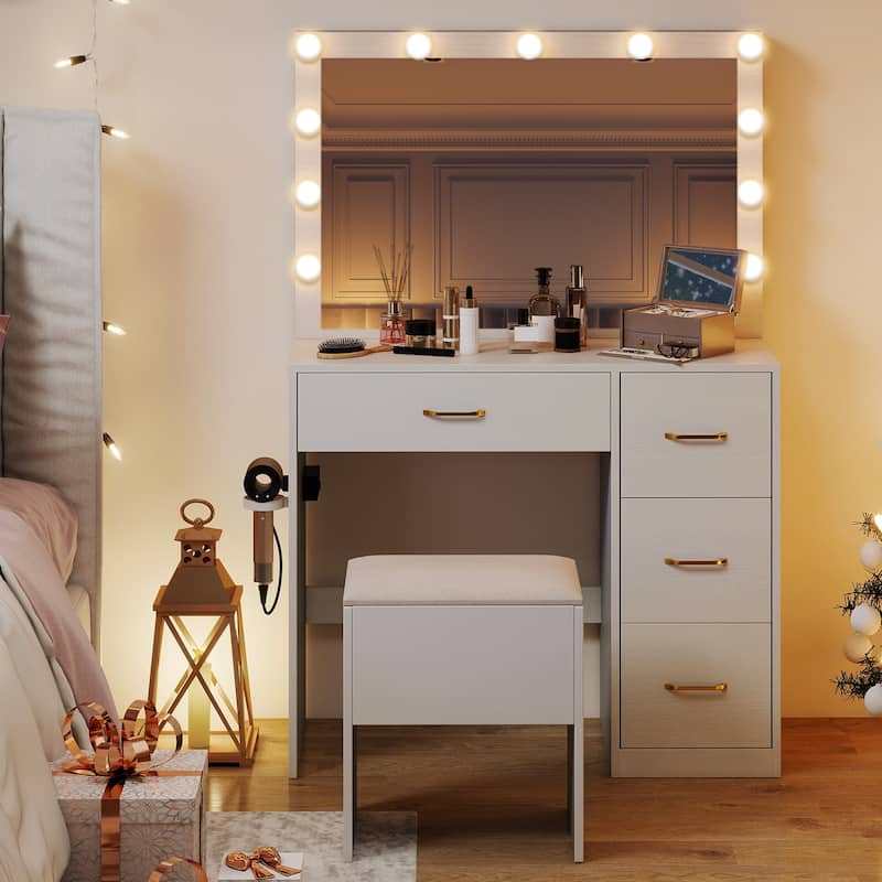 Gymax Vanity Desk with Mirror & Lights Dressing Table w/ Storage Stool