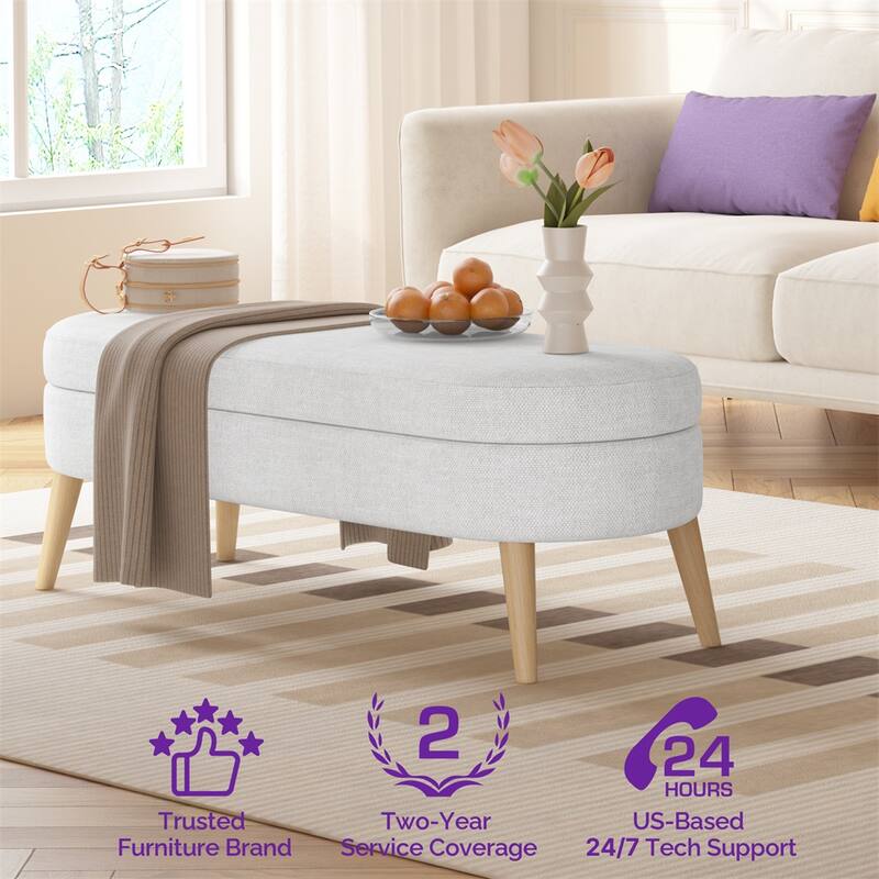 Oval Storage Bench for Living Room/Bedroom/End of Bed/Entryway, 43.5" Linen Fabric Upholstered Entryway Bench