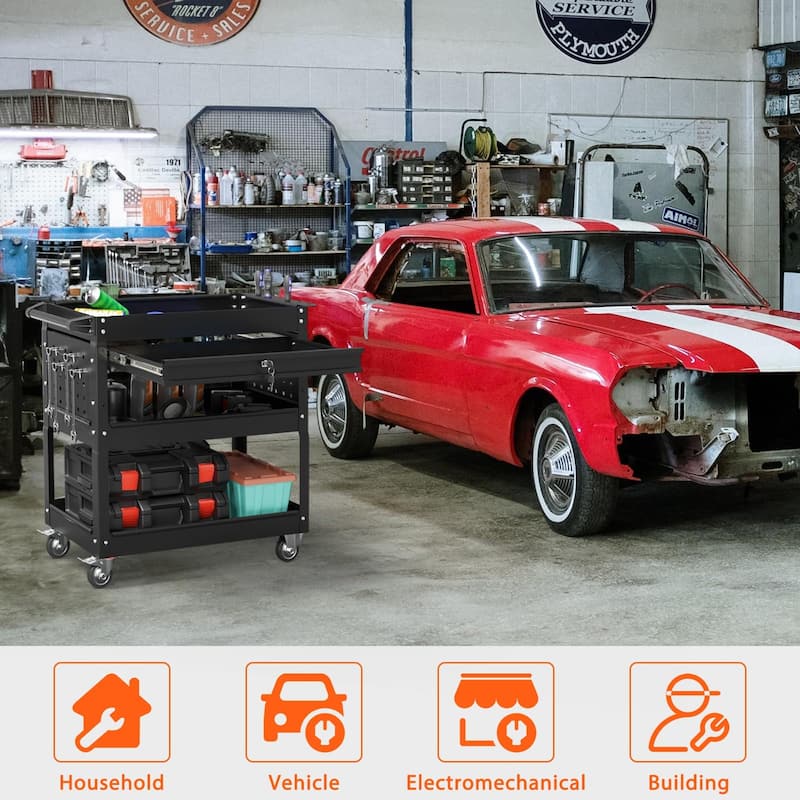 3-Tier Rolling Tool Cart on Wheels for Mechanics with Utility Drawer