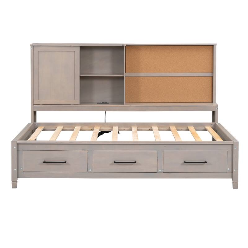 Twin Size Lounge Daybed with Storage Shelves, USB Ports, 3 Drawers