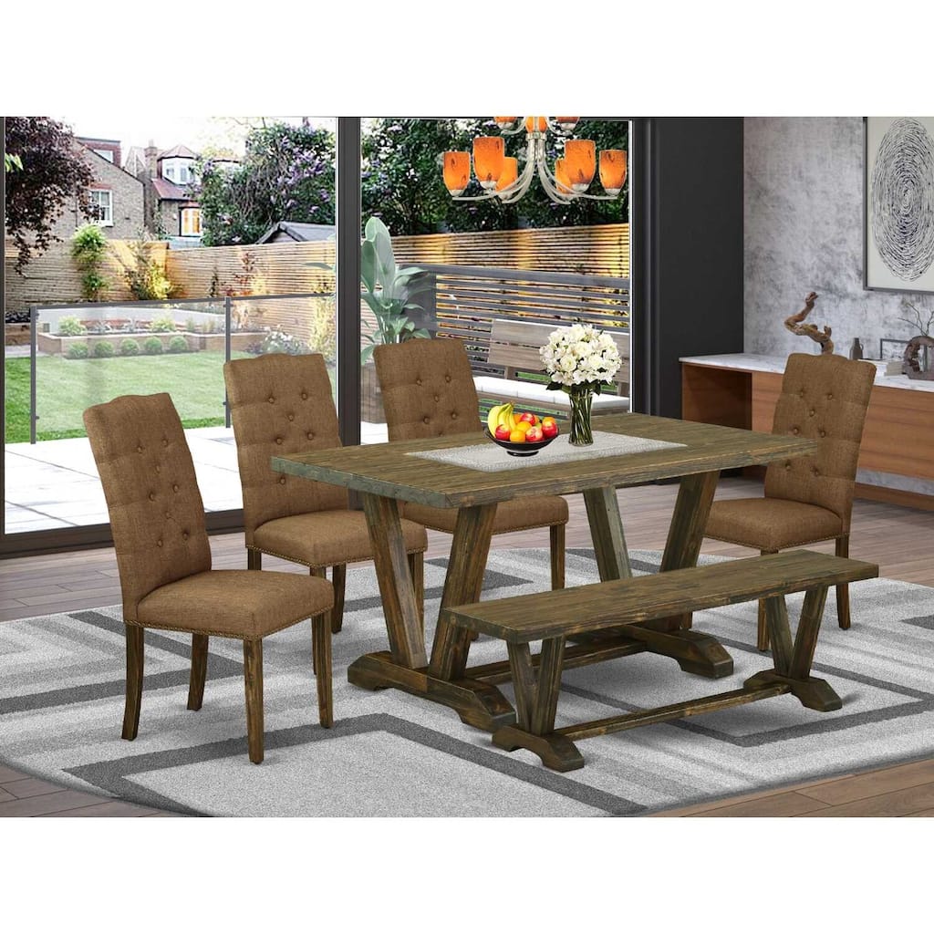 HomeStock 6-Pc Rectangle Distressed Jacobean Finish Solid Wood Top Dining Table with 1-Bench, 4-Chairs