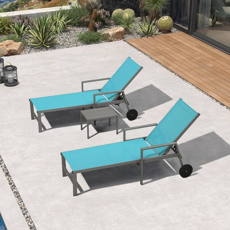 PURPLE LEAF Adjustable Patio Chaise Lounge Set 2 Pieces Lounge Chairs with Wheels and Side Table - Turquoise Blue