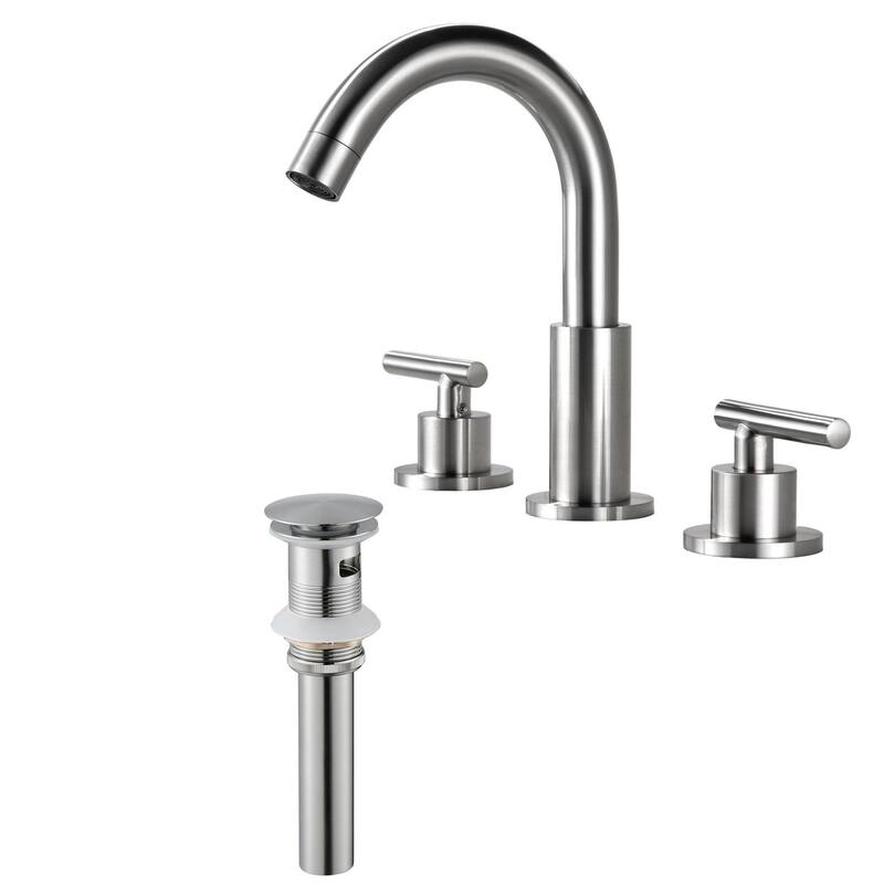 Modland Widespread 3-Hole Bathroom Faucet, 500K Cycle Ceramic Cartridge, 360 Swivel Spout & CEC Certified (Black/Gold/Nickel) - Brushed Nickel with Drain