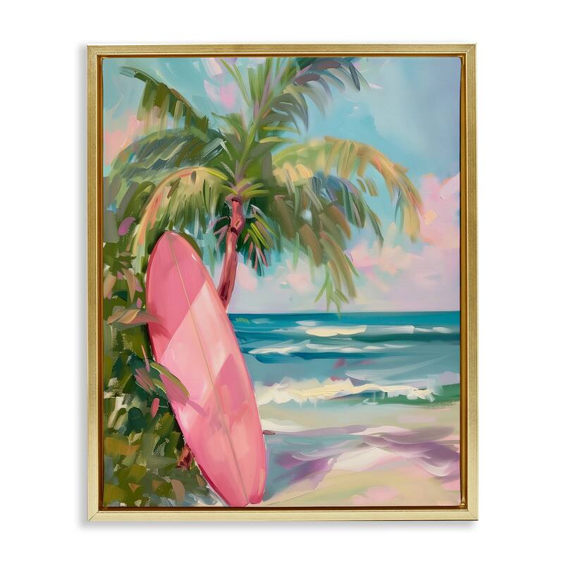 Stupell Pink Surfboard on Beach Framed Floater Canvas Wall Art Design By Arlington Prints - 25 x 31 - Gold