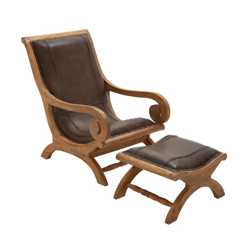 Leather Handmade Accent Chair with Ottoman with Scrolled Wood Arms and Arched Legs - Brown or Black - Roche River Decor
