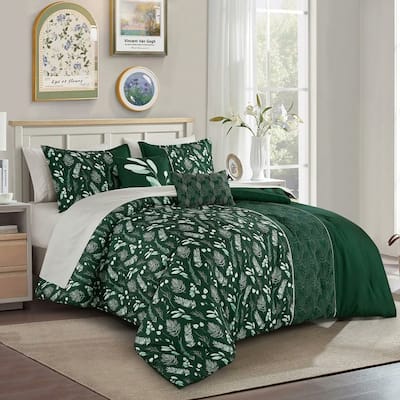 9 Piece Bed-in-a-Bag Green Floral Solid Soft Bedding Comforter Set