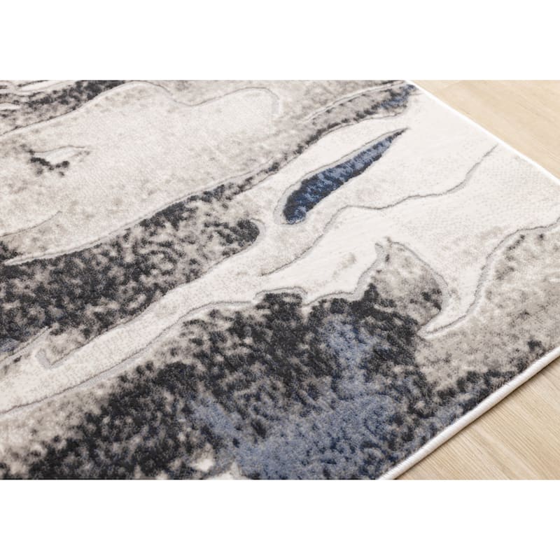 Blue Cream Grey Abstract Modern Area Rug, 5'3" x 7'7"