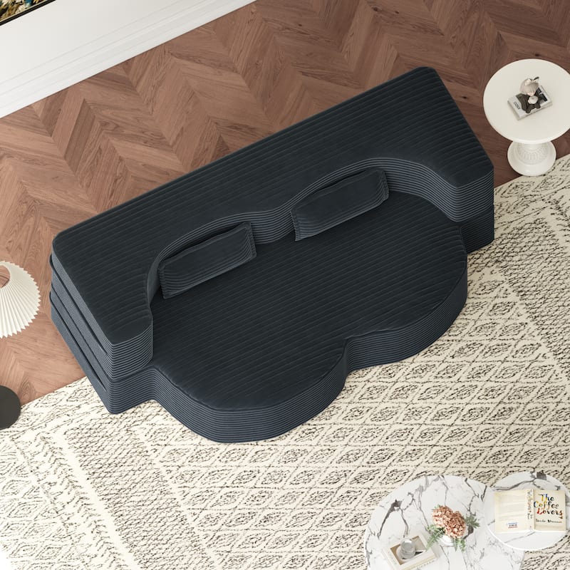Modern Floor Sofa with 2 Pillows,Convertible Plush Corduroy Foam-Filled Sleeper Sofa Bed,15" Full Size Folding Mattress