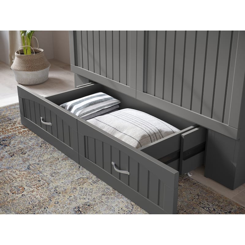 Murphy Bed Chest Full Size - Memory Foam Mattress & USB Charging - Grey Compact Space Saver