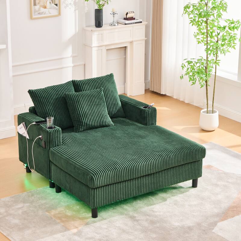 Corduroy Recliner Sofa - Oversized Deep Seat with USB, RGB Lights, Cup Holder & Side Pocket - Living Room, Bedroom