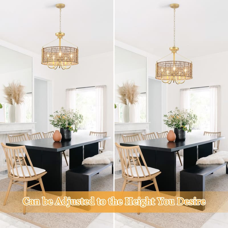 18.35inch 5 Lights Adjustable Height Bohemian Chandelier with Hand Woven Rattan Shade Suitable for Multiple Rooms