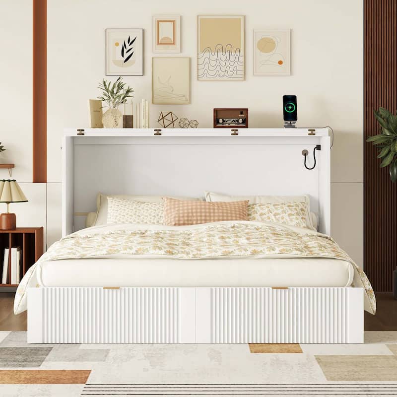 Queen Size Murphy Bed Wall Bed with drawer and USB Ports - White
