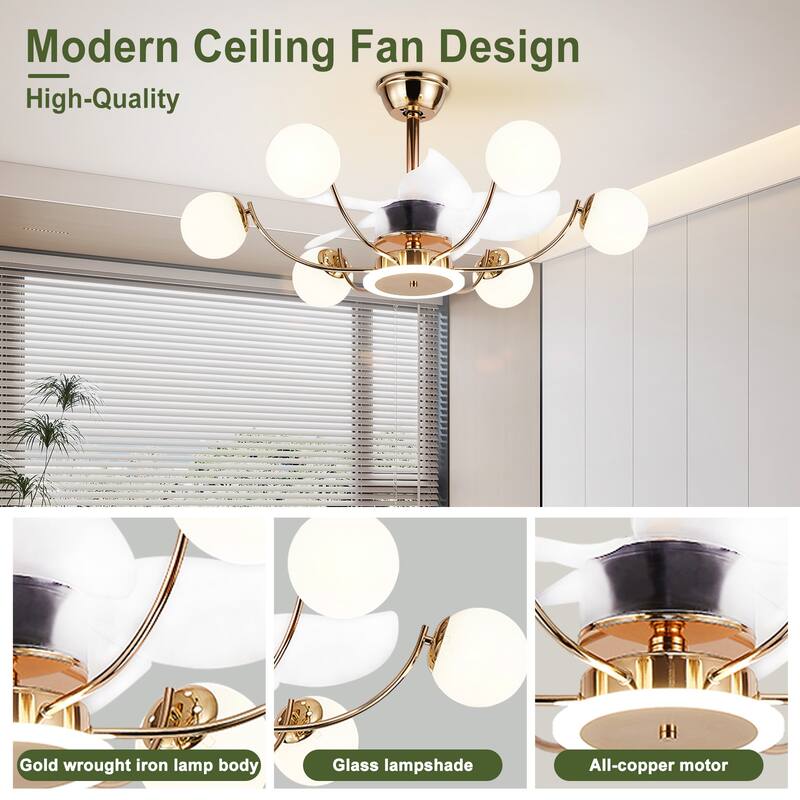 Indoor Black Modern Ceiling Fan with Light, Reversible Fandelier with Bulbs and Remote for Living Room