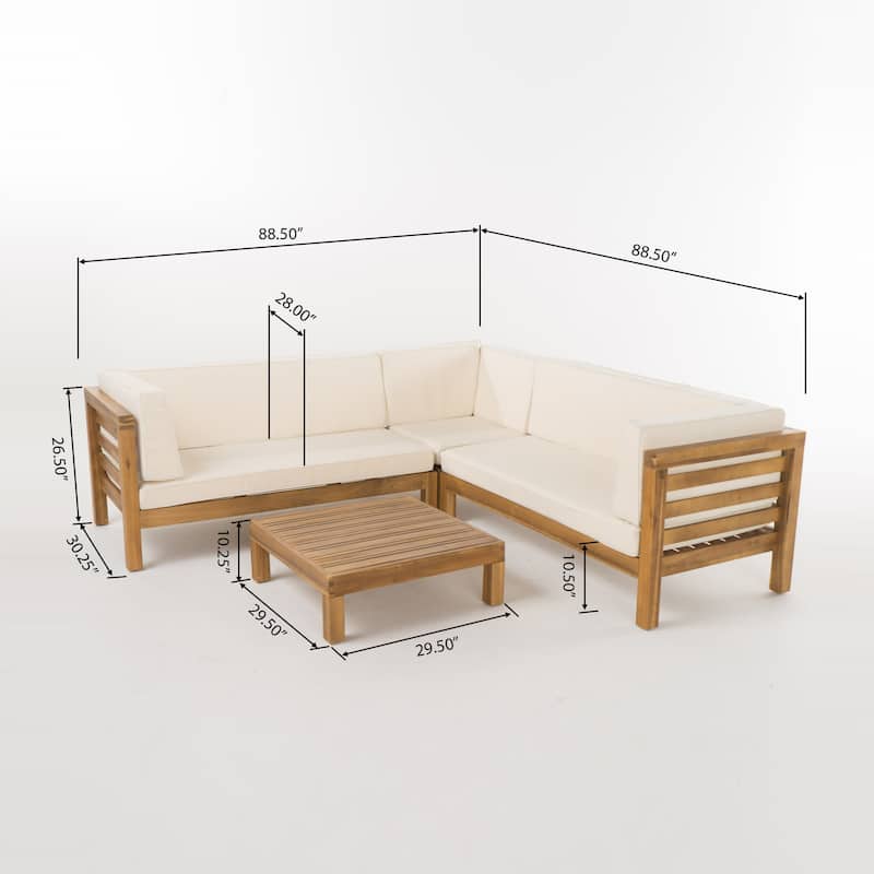 Oana Outdoor 5 Seater V Shaped Mid-Century Modern Acacia Wood Sectional Sofa Set with Coffee Table by Christopher Knight Home