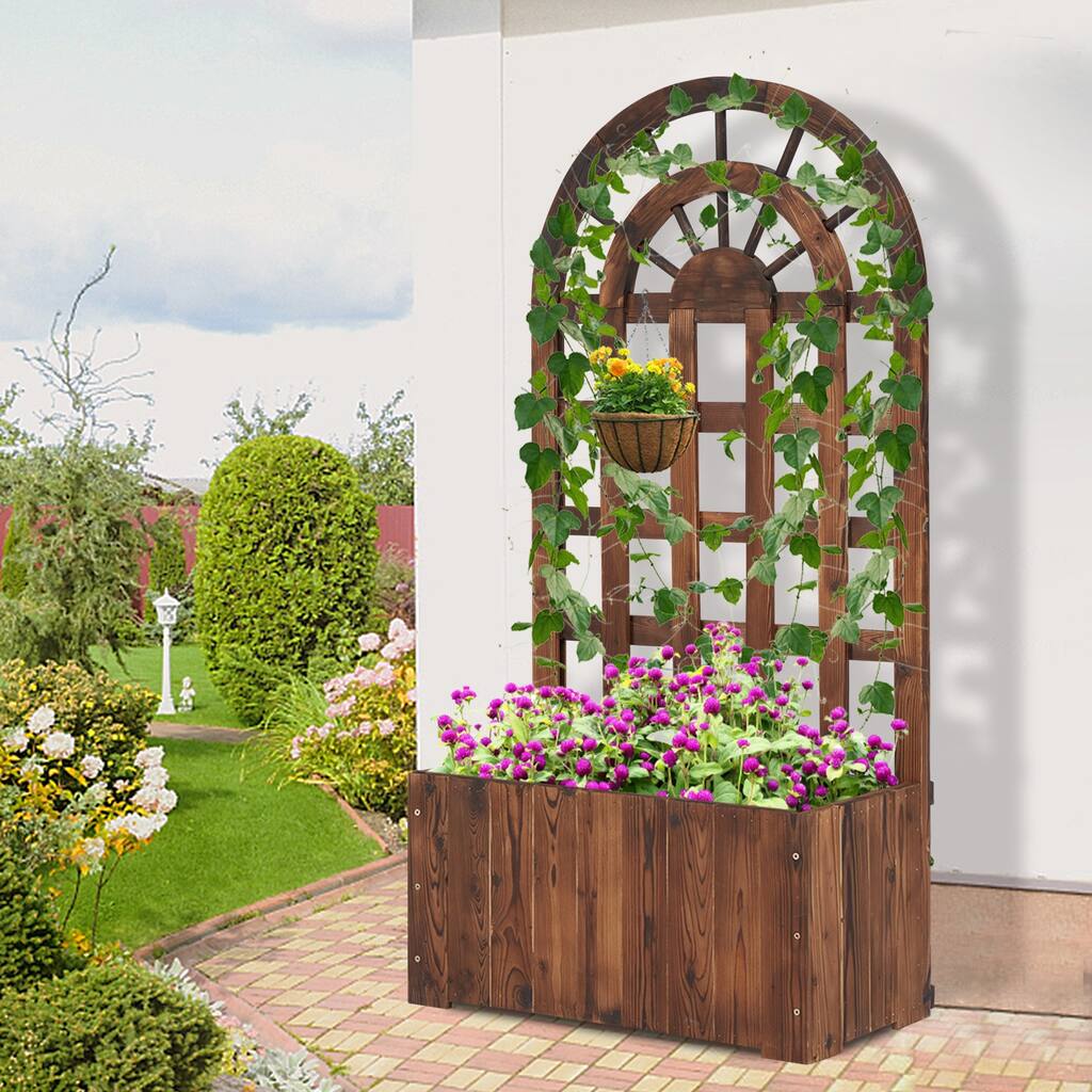 Kinsunny Wood Planter Trellis Raised Bed with Trellis Indoor Outdoor Planter Box for Climbing Plant w/Drainage Holes-24”x12”x48”