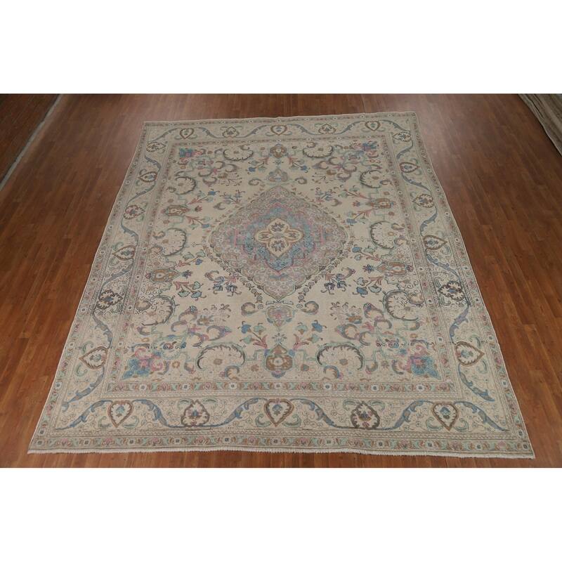 Floral Tabriz Persian Area Rug Oriental Hand-Knotted Beige Wool Carpet - 9'11"x 11'9"
