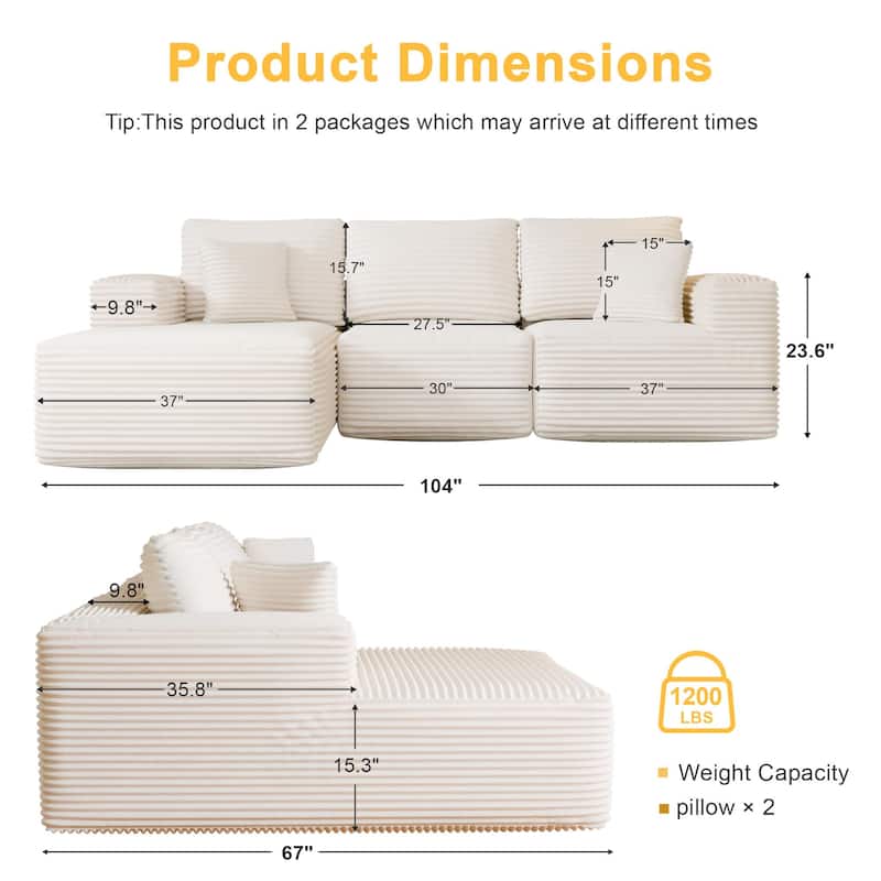 104" Modular Sectional Sofa with L-Shape Chaise Modern Upholstered Cloud Couches with Throw Pillows - 104 in.W x 23.6 in.H