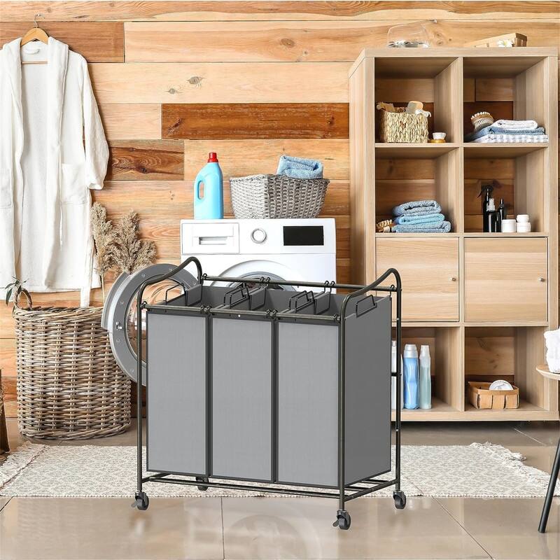 Heavy Duty 3-Bag Laundry Sorter Rolling Cart, Dark Grey - 30.5"L x 17.5"W x 33"H