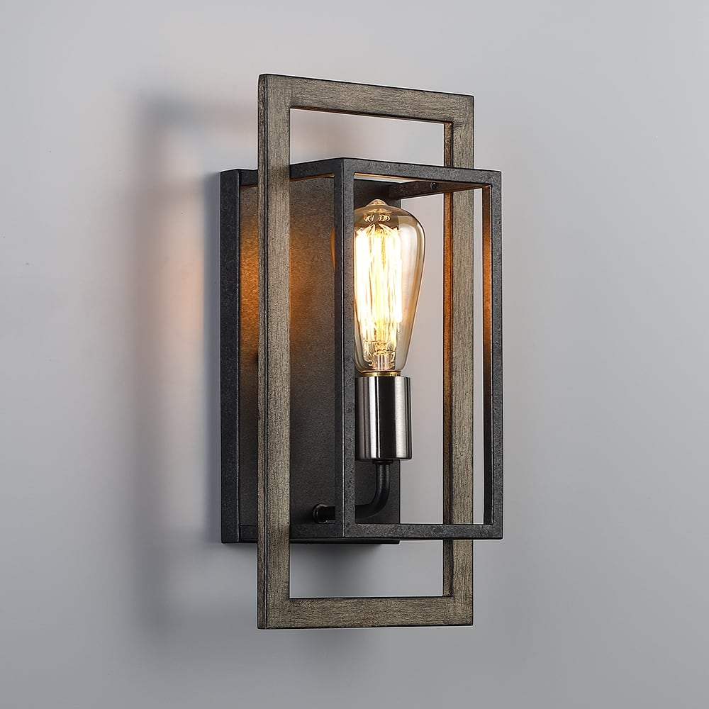 1-Light Black/Wood Tone Dimmable Rustic Farmhouse Wall Sconce - 14.3''H