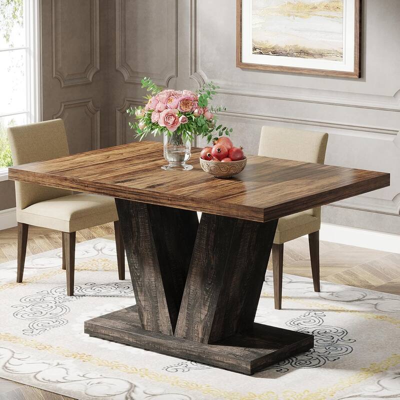 47-Inch Wooden Dining Table with Heavy Duty Pedestal, Farmhouse Kitchen Dinner Table for Home - Black & Brown