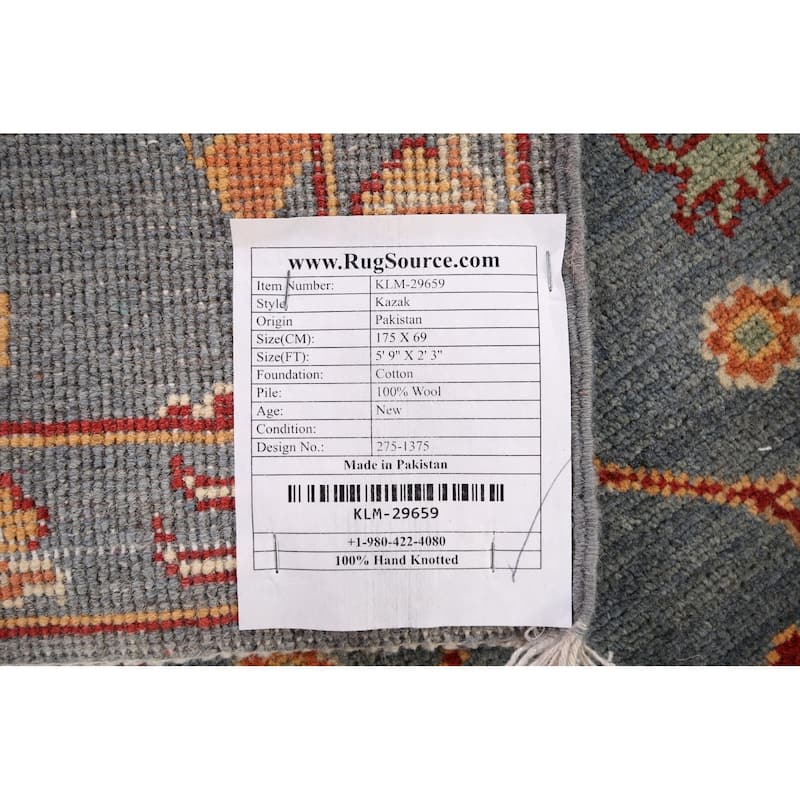 Kazak Oriental Runner Rug Handmade Traditional Blue Wool Carpet - 2'3" x 5'9"