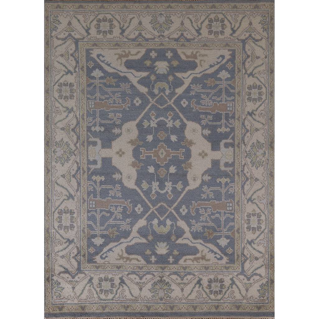 All-Over Blue Oushak Indian Area Rug Hand-Knotted Wool Carpet - 6'1" x 7'9"