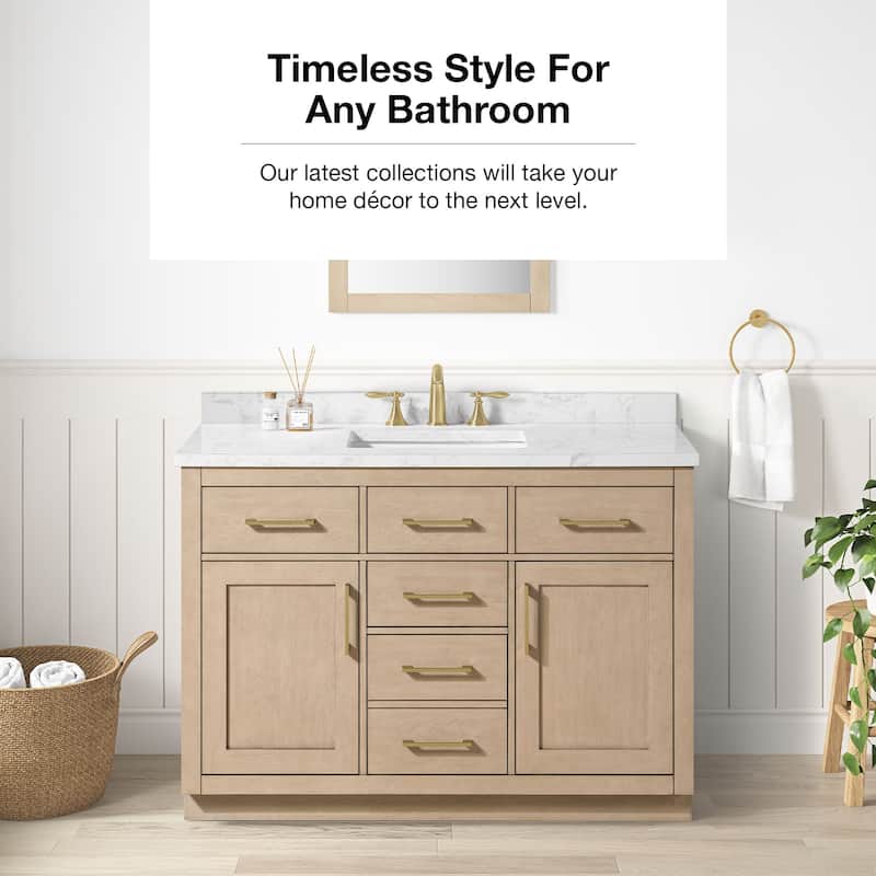 Athea Bathroom Vanity with White Engineered Marble Top - 48" - Sahara Birch with Brushed Gold Hardware
