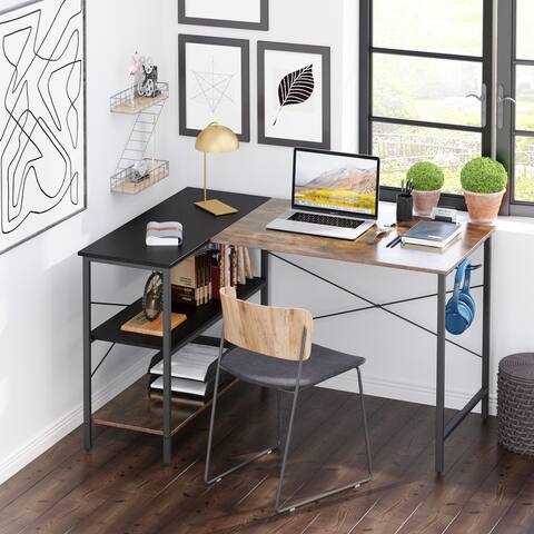 L-shaped black linen and retro double color matching desk