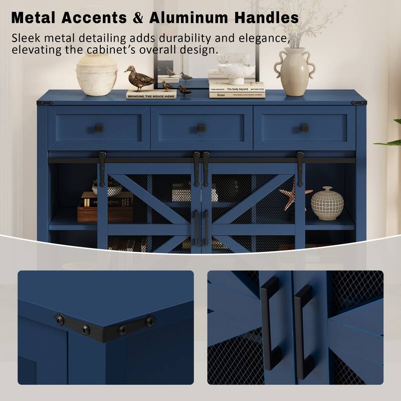 Sliding Barn Door Sideboard with 3 Drawers and Adjustable Shelves, Buffet Cabinet with Metal Mesh and Aluminum Handles
