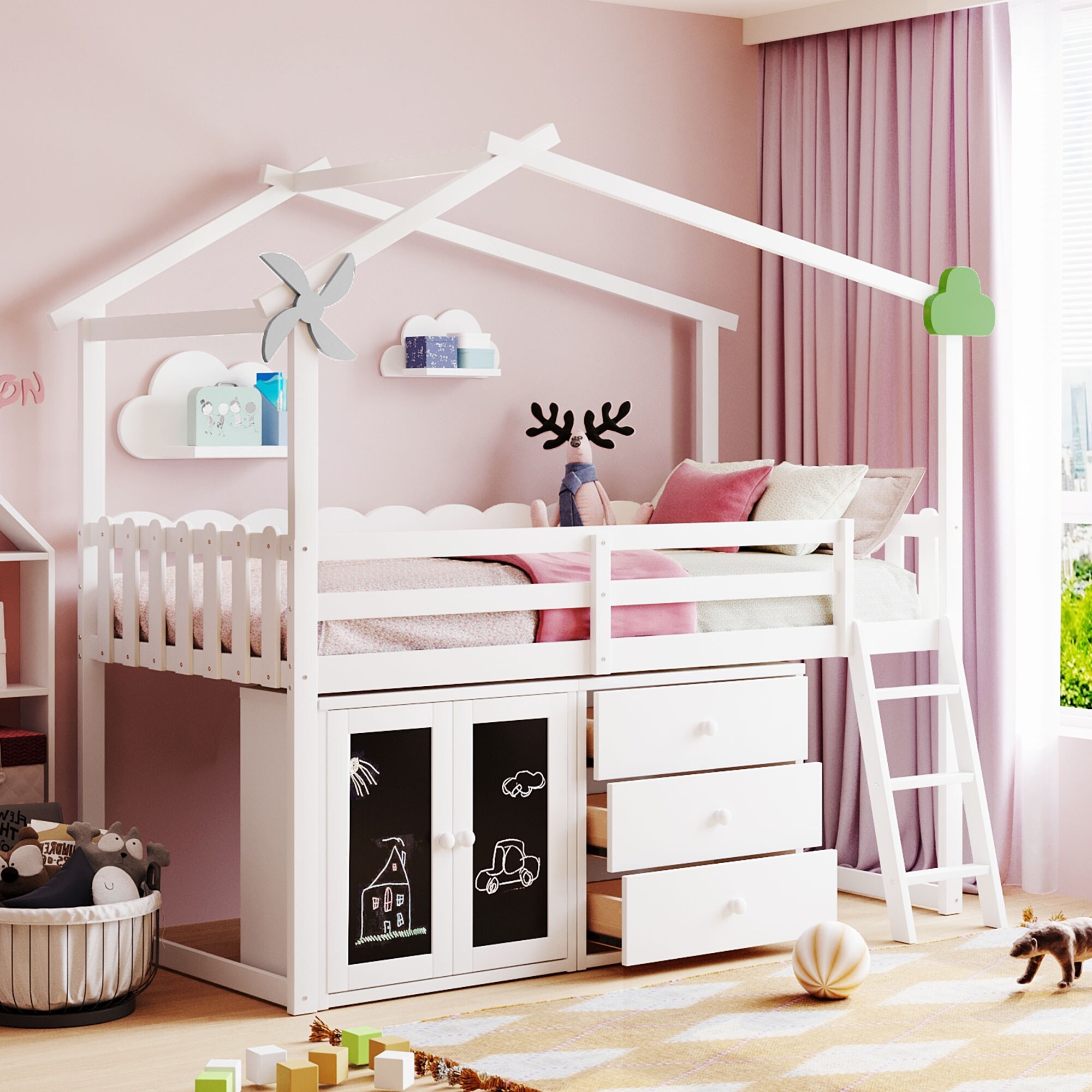 https://ak1.ostkcdn.com/images/products/is/images/direct/4a221d0db7858f9c11eff75d55a84b2297a86f7e/Twin-Size-House-Bed-Low-Loft-Beds-for-Kids%2C-Wood-Playhouse-Lofts-Bed-with-Drawers-and-Cabinet%2C-Montessori-Loft-Bed-w--Blackboard.jpg