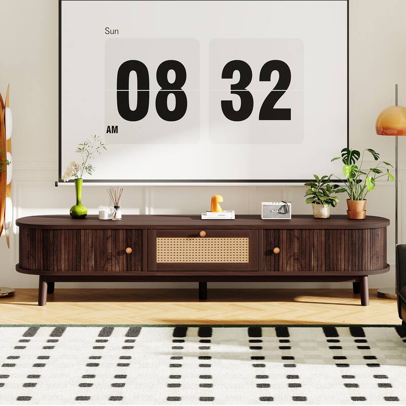 66.9" Rattan Media Console with Spacious Sliding Doors for 75" TVs - Dark Brown
