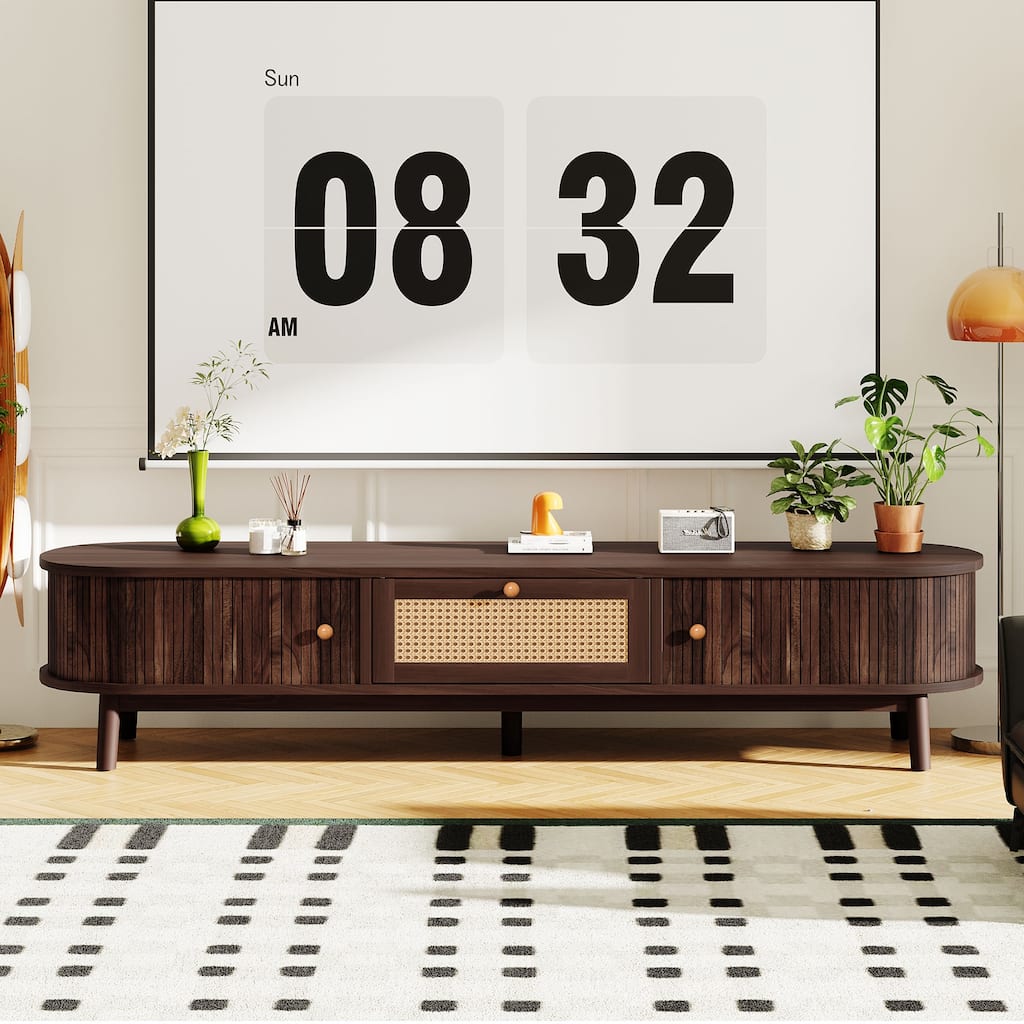 Modern Design TV Stand for 75" TVs, Media Console TV Cabinet with Rattan-Front Drawer 1 Drawer and 2 Sliding-Door Cabinets