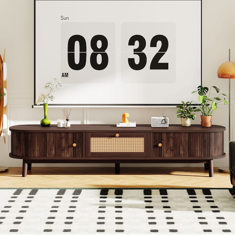 Wood TV Stand for 75" TVs, Media Console TV Cabinet with Rattan-Front Drawer 1 Drawer and 2 Sliding-Door Cabinets - Dark Brown