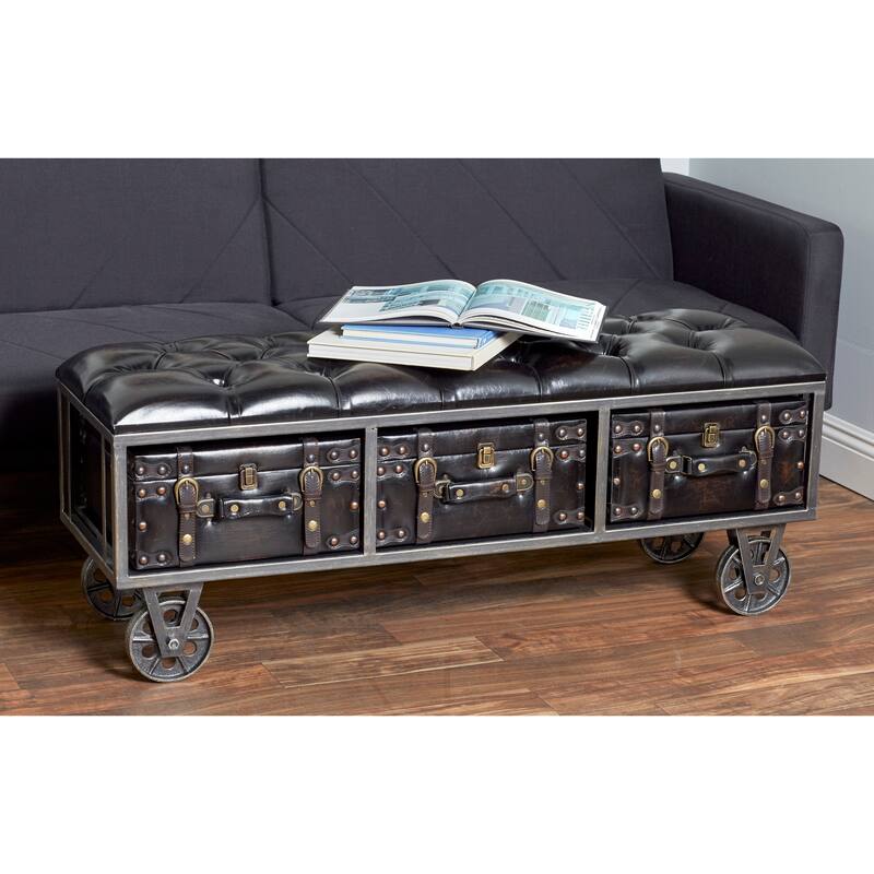 Black Faux Leather Tufted Upholstered 3 Trunk Storage Bench with Industrial Wheels and Gold Studded Accents - Black