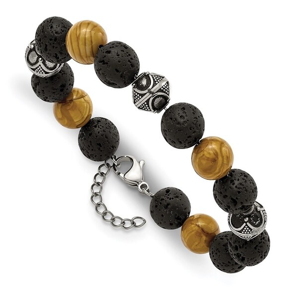 Chisel Stainless Steel Antiqued 9.5-10mm Lava and Red Wood Stone with 1 Inch Extension Bracelet. Opens flyout.